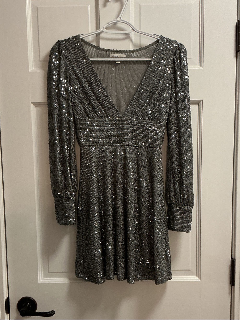 Emerald Sundae Silver Sequin Long Sleeve V-Neck Dress